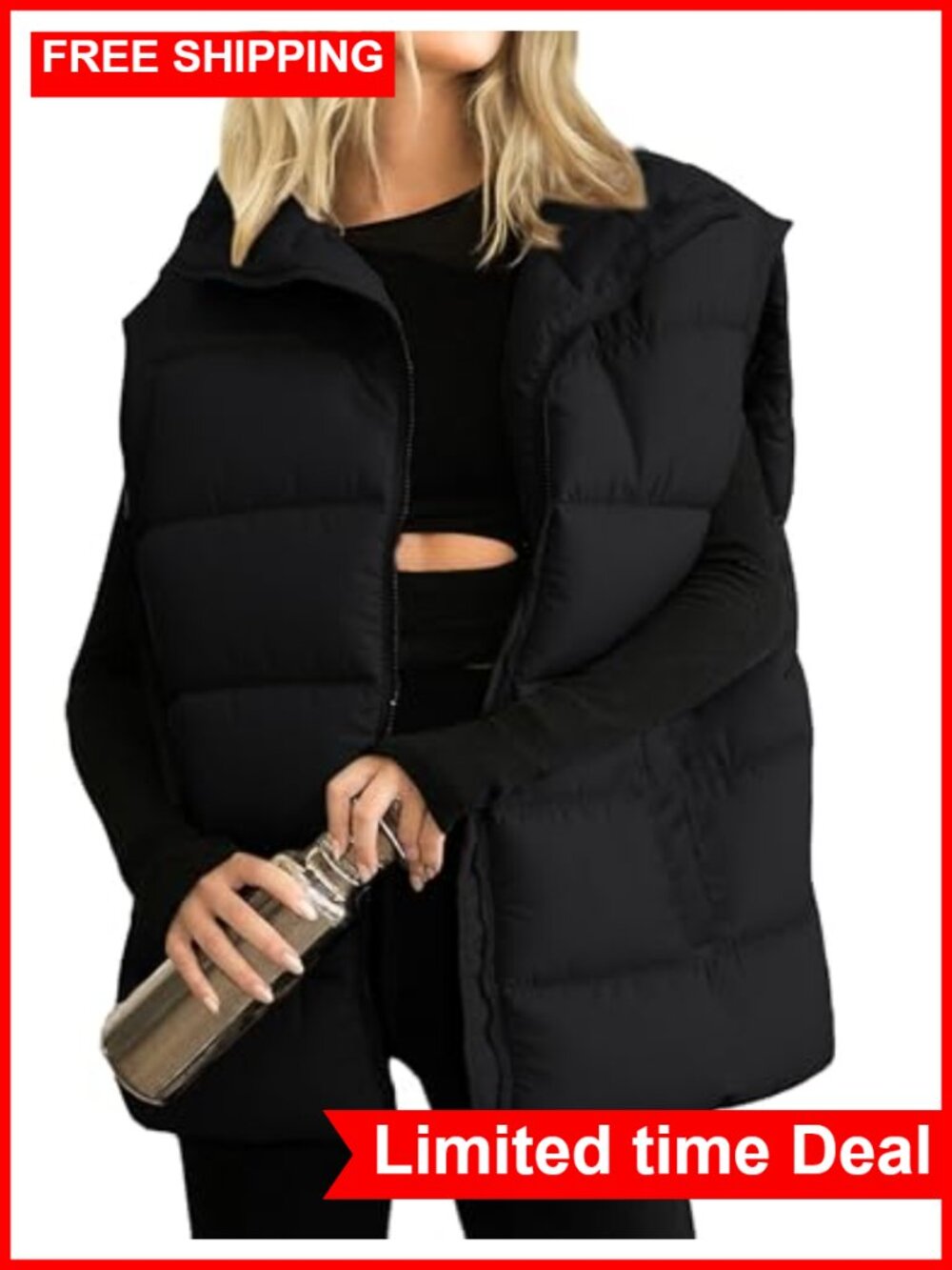 Women's Quilted Puffer Vest Stand Collar Sleeveless Zip Winter Gilet Jacket
